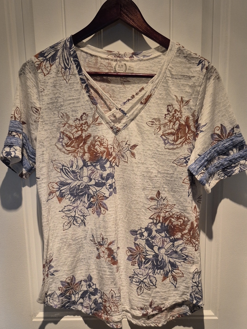 Floral V-Neck Crisscross Short Sleeve Top - White Blue Brown